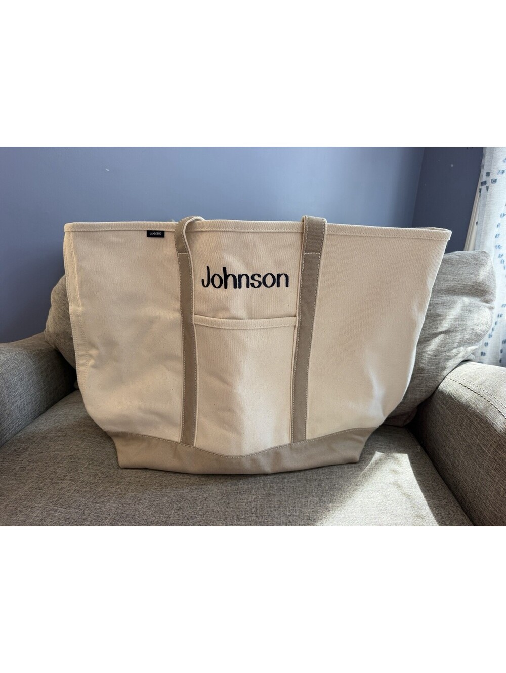 Lands End XL Open Top Canvas Tote Bag Natural Khaki Monogram Johnson New